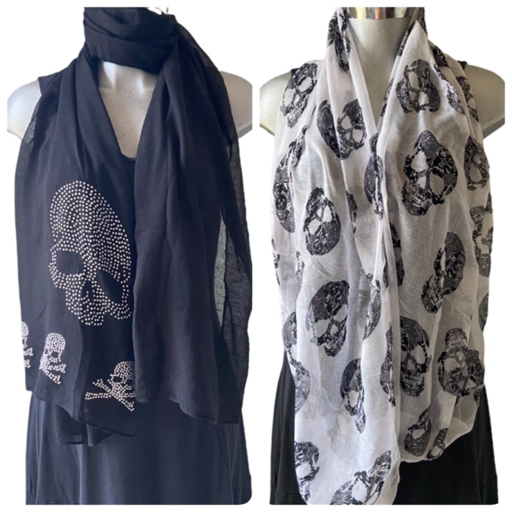 Skull Scarf Wrap Ascot Head Covers Goth Gothic Lightweight Set of 2 Halloween